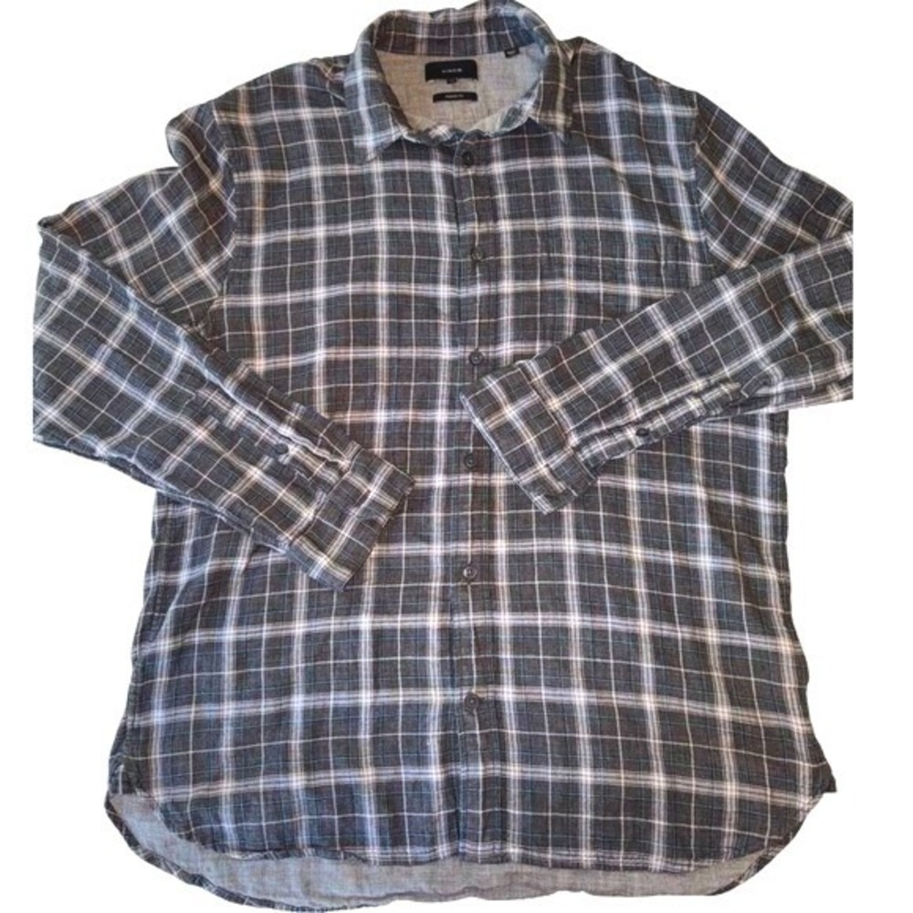 Vince Mens Plaid Flannel Shirt Large Gray Blue Cotton Long Sleeve Button Up